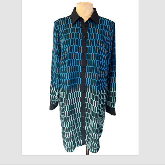 Michael Kors Shirt Dress L Large Blue Black Long Sleeve Career Church Washable - Picture 3 of 12
